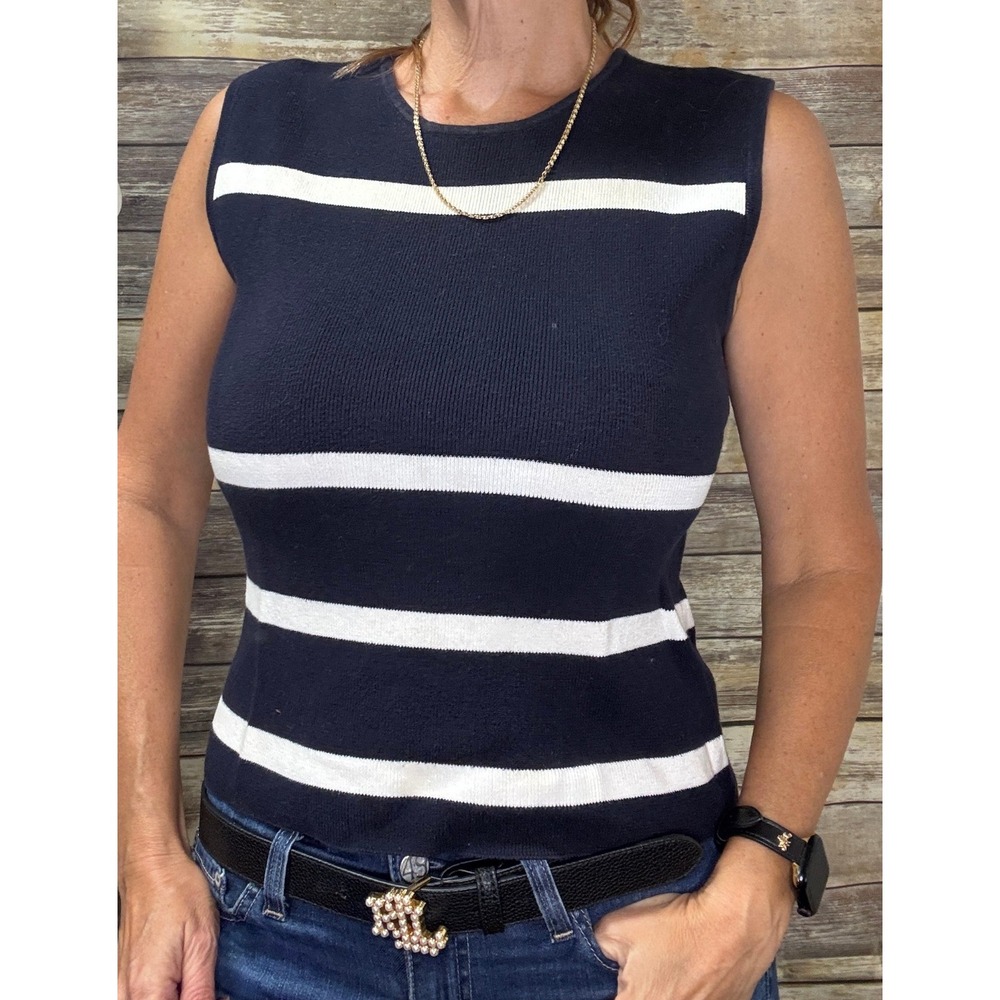 Nautical Striped Sleeveless Knit Top M Medium Petite Navy White Striped INC